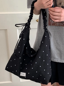 Floral black tote bag with ruffled straps and sweet vintage floral pattern for women