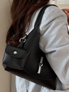 Vintage black lychee pattern dumpling shoulder bag with silver lock and small side pouch