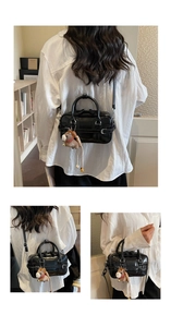 Detail showing various ways to wear the black bowling bag with a horse plush charm