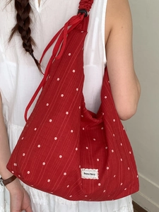 Red floral chiffon tote bag with white ruffles and lace label for women spring fashion