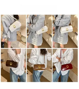 Detail shots of minimalist leather crossbody bags in four colors with gold buckle