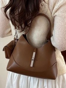 Vintage dark brown lychee leather hobo bag with silver buckle and detachable pouch