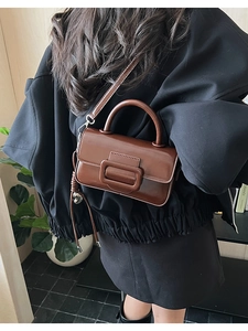 Close-up of a brown leather crossbody bag featuring a classic wide decorative buckle design