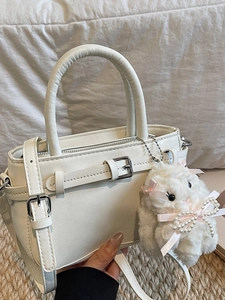 Minimalist PU Leather Small Square Crossbody Bag For Women Trendy Handbag With Plush Rabbit Charm Casual Shoulder Bag