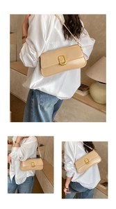 Detail view of a beige faux leather shoulder bag with a gold buckle and elegant flap closure