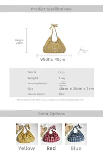 Detailed size specifications for large capacity checkered tote bags in three colors