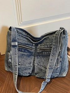 Large Capacity Denim Tote Bag Retro Multi Pocket Shoulder Bag Washed Denim Crossbody Bag Fashion Casual Women Commuter Bag