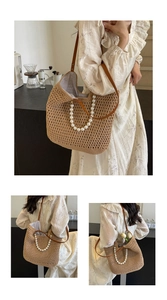 Detail of hand-woven straw tote bag with pearl handle and slim leather straps for travel