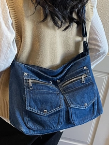 Retro denim crossbody bag with dual utility pockets and white contrast stitching