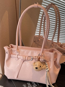 Women Fashion Glossy PU Leather Underarm Bag Large Capacity Tote Bag Commuter Handbag With Cute Plush Bear Keychain