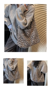 Close-up of leopard print fabric tote bag featuring knotted shoulder strap and large capacity