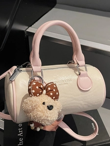 Vintage PU Leather Cylinder Pillow Bag For Women Fashion Crossbody Shoulder Bag With Plush Bear Charm Small Handbag