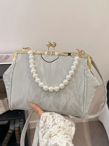 Vintage Pleated Shell Handbag With Artificial Pearl Handle Metal Frame Clip Closure Elegant Women Crossbody Evening Party Bag