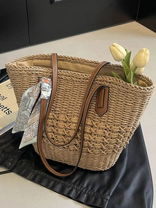 Women Large Capacity Straw Woven Tote Bag Handmade Beach Shoulder Bag With Decorative Scarf Vacation Summer Handbag For Daily Travel