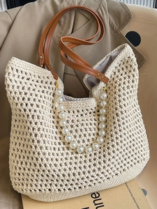 Women Handmade Straw Woven Bucket Bag Crochet Tote Artificial Pearl Handle PU Leather Strap Casual Beach Vacation Shoulder Bag