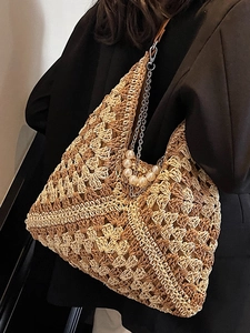 Large woven tote bag with pearl chain and leather strap for women casual beach style
