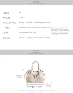 Detailed size chart and multi-angle views of the beige PU leather tote handbag