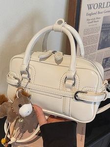 Women Minimalist PU Leather Boston Bag Fashion Solid Color Shoulder Crossbody Bag With Horse Charm Bowling Handbag