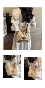 Detail of cream woven tote with brand leather patch and brown beaded shoulder strap