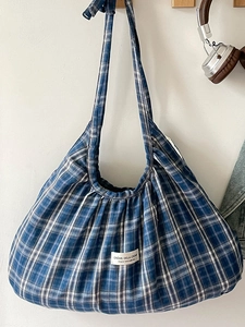 Women Plaid Pleated Tote Bag Large Capacity Fabric Single Shoulder Handbag Bow Tie Strap Korean Style Casual Grid Print Bag