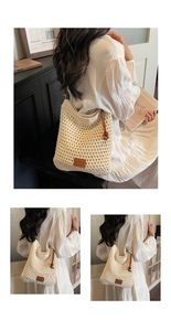 Close-up of beige knit tote bag showing intricate woven mesh and brown leather brand tag