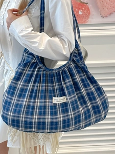 Minimalist blue checkered pleated tote bag for women with large capacity and shoulder strap