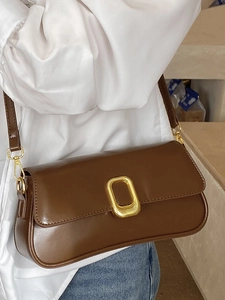 Retro brown leather baguette shoulder bag with gold rectangular buckle for women