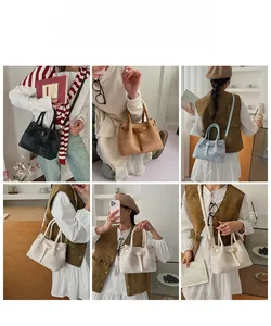 Detail shots showing high-capacity leather handbags in four colors for commuting