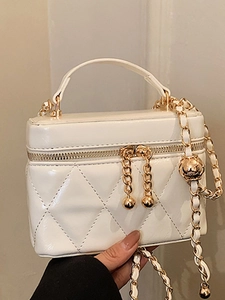 Elegante Borsa a Scatola Trapuntata a Rombi con Catena per Donna in Pelle PU Lucida Borsa a Tracolla Borsa a Mano Mini Vanity Case