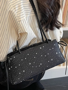 Star pattern black shoulder bag with drawstring detail and large capacity casual design