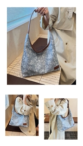 Close-up of floral canvas tote bag with brown leather trim and handle for daily commuting