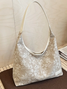 Floral jacquard canvas hobo bag with beige leather strap for women casual daily use