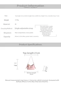 Detailed size chart for pink PU leather crossbody bag with dimensions and capacity info