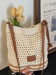 Women Large Capacity Straw Woven Tote Bag Casual Hollow Out Shoulder Bag Striped Patchwork Beach Vacation Handbag With Leather Patch