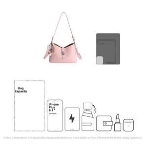 Pink bucket bag capacity detail showing it fits a large smartphone and daily essentials