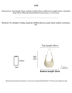 Size chart showing beige PU leather tote dimensions and capacity compared to a phone