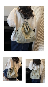 Three-way view of olive green waterproof nylon shoulder bag with functional multi-pockets