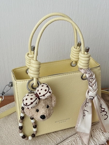 Korean Minimalist PU Leather Handbag For Women Vintage Shoulder Crossbody Bag With Scarf And Bear Pendant Solid Color Tote Bag