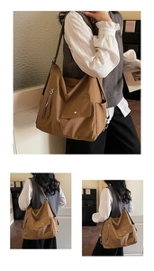 Brown canvas hobo shoulder bag with zipper and pockets in multiple view layout