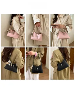Collage of pink and black leather bags with pom-pom charms and silver twist-lock closure