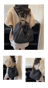 Multiple views of a large black casual shoulder bag featuring functional multi-pockets