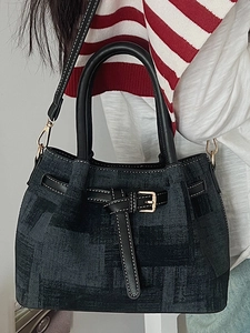 Chic dark gray jacquard tote bag with leather straps and gold buckles for women
