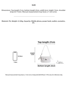 Tableau des tailles pour sac bandoulière à nœud montrant dimensions et détails en PU