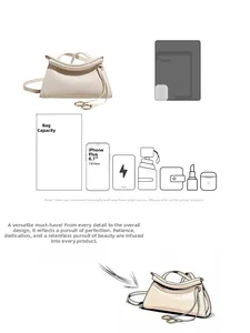 Détail de la capacité du sac beige avec échelle de comparaison de taille d'iPhone