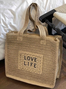 Grand Sac Tissé Grande Capacité Love Life Brodé en Tissu Style Paille Sac à Épaule pour Femme Quotidien Voyage Vacances
