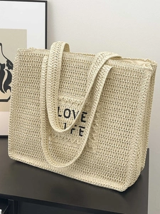 Sac fourre-tout tissé de style français blanc crème avec texte Love Life pour le printemps