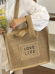 Sac fourre-tout chic en paille tissée avec broderie LOVE LIFE, style mode de printemps