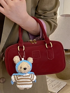 Retro deep red suede Boston handbag for women with a cute plush bear pendant accessory