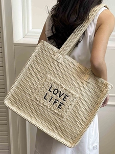 Sac fourre-tout chic en paille tissée avec imprimé Love Life et détails de franges