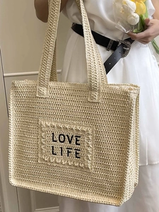 Sac cabas en paille tissée avec patch LOVE LIFE pour les loisirs d'été ou la plage